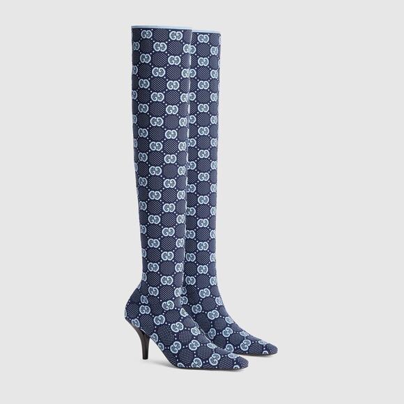 Gucci Knee High Boots 37/ US 7 GG Supreme Blue Knit Socks Pull On NIB - Picture 1 of 13